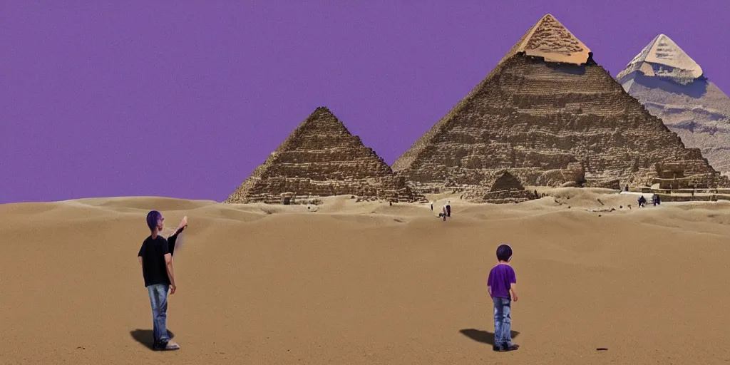 Image similar to landscape, steve jobs and a boy with purple hair in front of the pyramids, hyperrealism, intricate, 8 k, high detail