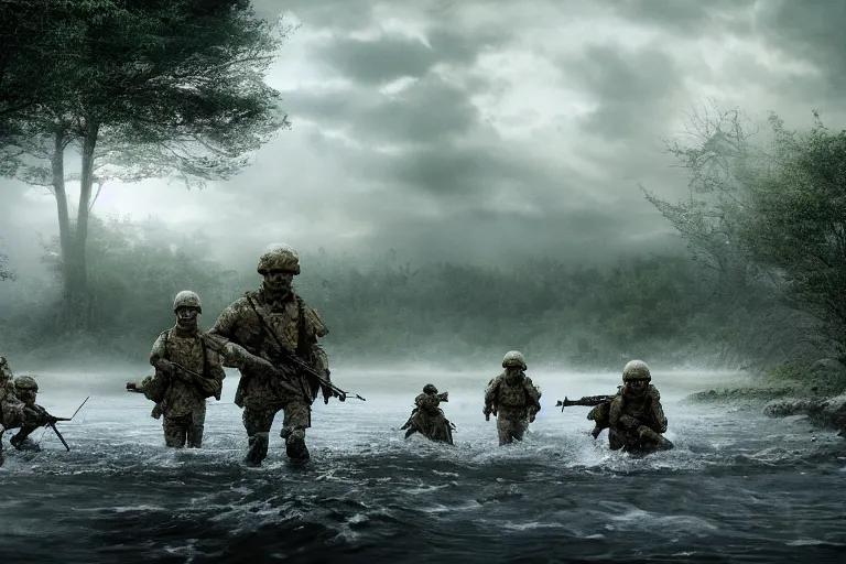 Prompt: a cinematic headshot portrait, of a squad of special soldiers emerging from the water, with dogs, in a vast serene landscape, with trees and rivers, detailed, deep focus, movie still, dramatic lighting, by michal karcz and yoshitaka amano