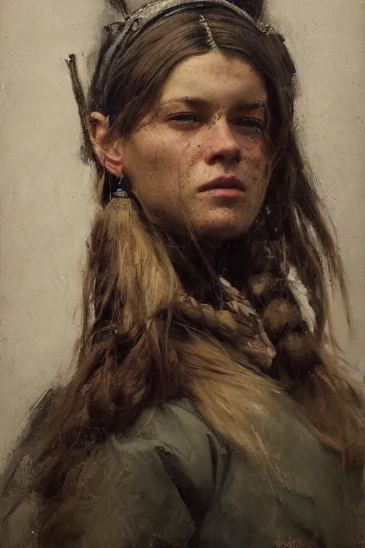 Image similar to Richard Schmid and Jeremy Lipking and Antonio Rotta full length portrait painting of a young beautiful traditonal viking woman