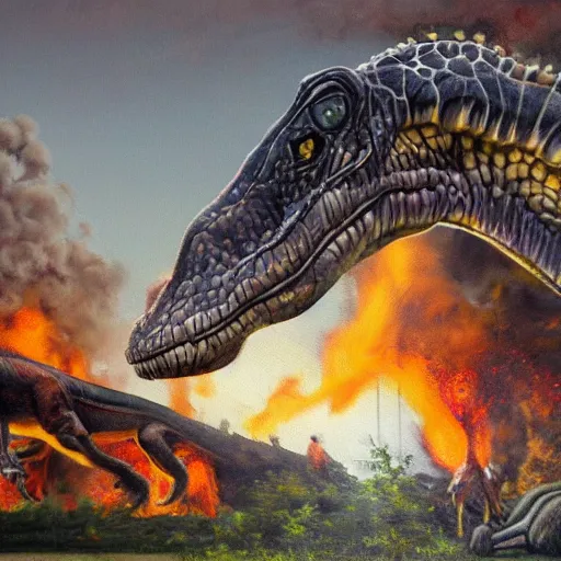 Image similar to a hype rrealistic painting a dinosaur on a spit, cooked