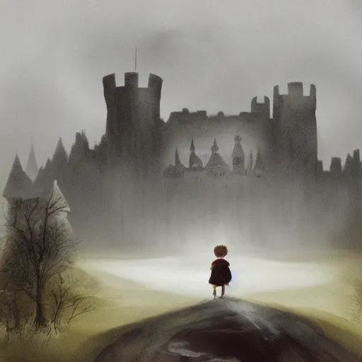 Image similar to a dark vallcy with a huge gloomy castle, fog. a little boy and a black cat