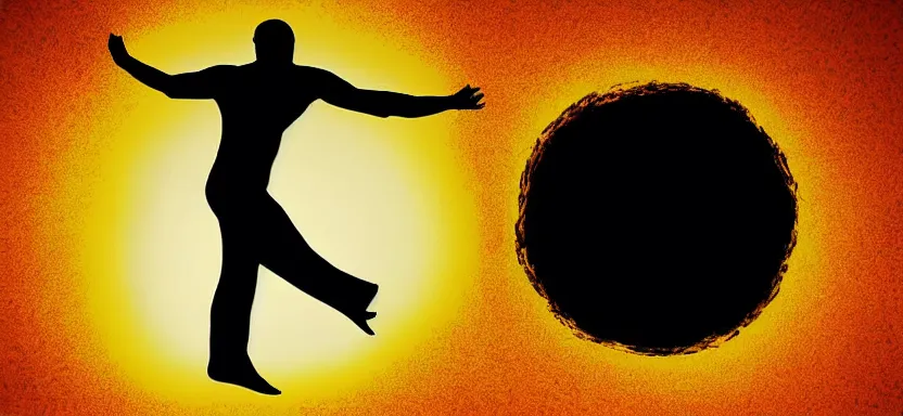 Prompt: silhouette of a man floating in front of a burning sun, digital art, extreme detail