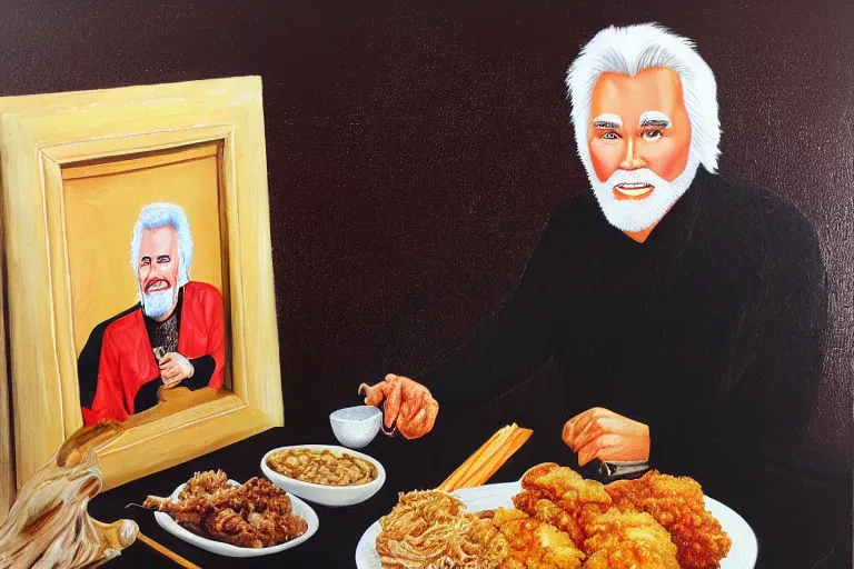 Image similar to black velvet painting of kenny rogers with fried chicken in frame