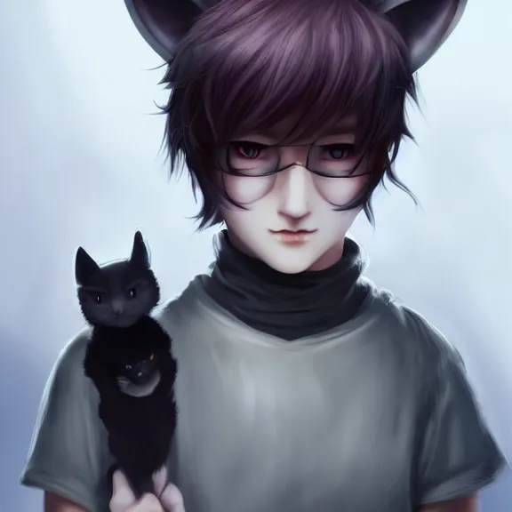 Image similar to blushing emo boy with cat ears and tail, fantasy artwork, award winning, hyper detailed, very beautiful, studio lighting, artstation