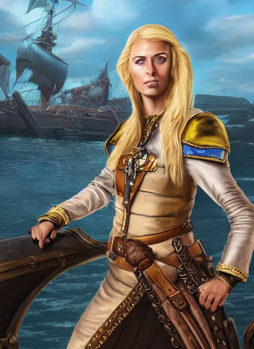 Image similar to An epic fantasy comic book style portrait painting of tall blonde haired female sky-pirate with a serious face and a pony tail in front of a metal gangplank in the style of the wheel of time, unreal 5, DAZ, hyperrealistic, octane render, cosplay, RPG portrait, dynamic lighting