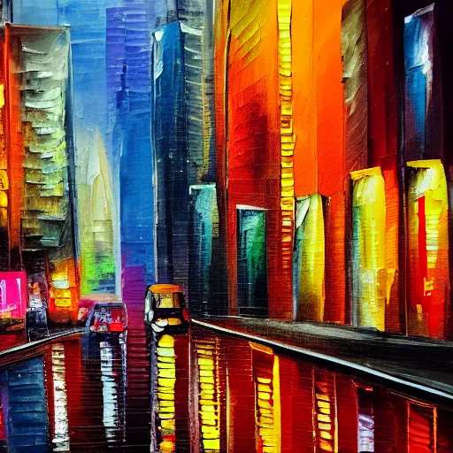 Image similar to city streetscape, dark road with cars, people at night, tall buildings with shops below at street level, neon lights above shops, headlights and stop lights illuminating surroudings, raining, very dark lighting, abstract oil painting