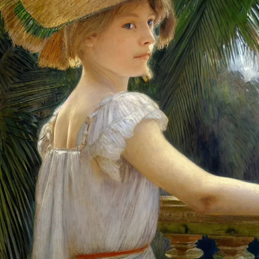 Image similar to a ultradetailed beautiful painting of a girl in the amazonas palace balustrade designed by jules bastien - lepage, hans belmer, frank weston and gustave baumann, beach, trending on artstation, mediterranean, palm trees, detailed face, sharp focus, soft light, 8 k 4 k