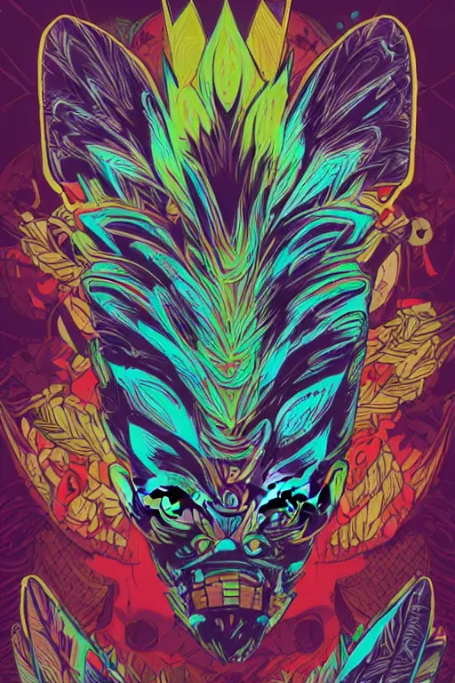 Image similar to totem animal mask tribal feather gemstone plant wood rock shaman vodoo video game vector illustration vivid multicolor borderlands comics by josan gonzales and dan mumford radiating a glowing aura