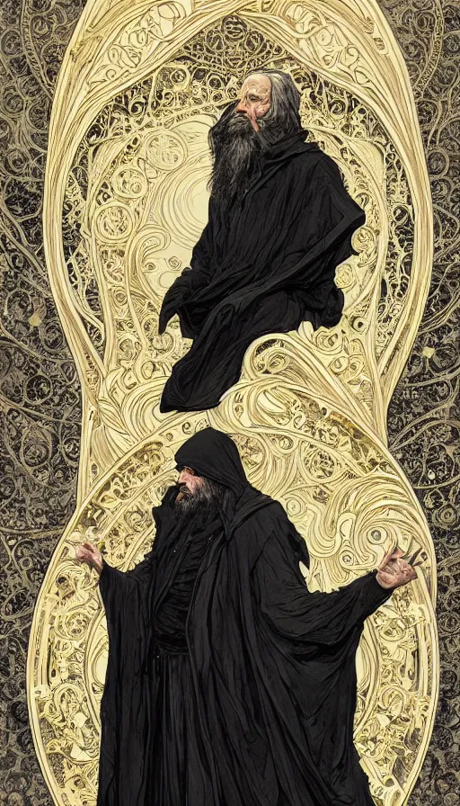 Prompt: one old man wore a black cloak, a black cloak and a white beard, highly detailed, very intricate, art nouveau, gold filigree, left right symmetry, tarot concept art watercolor illustration by mandy jurgens and alphonse mucha and alena aenami, featured on artstation