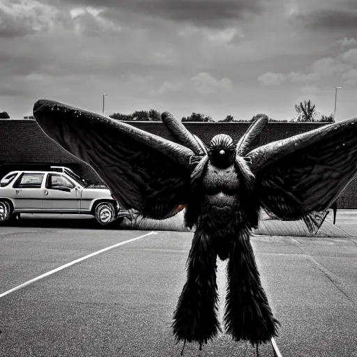 Image similar to 90s photo of mothman in a Walmart parking lot, blurry, XF IQ4, 150MP, 50mm, F1.4, ISO 200, 1/160s, Adobe Lightroom, photolab, Affinity Photo, PhotoDirector 365,