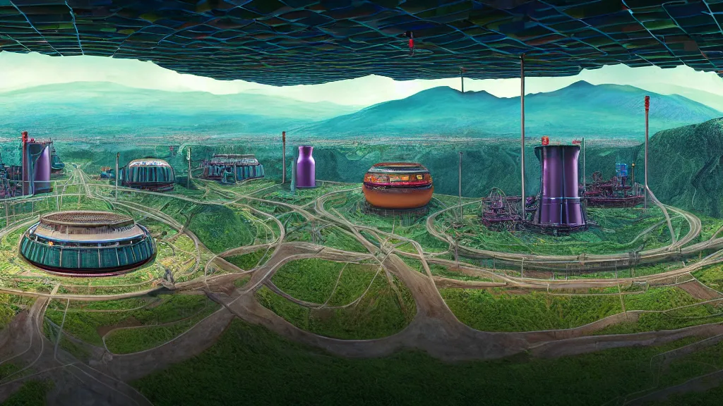 Image similar to Nuclear Breeder Reactors integrated with the town of Quito by Simon Stålenhag and Vincent Callebaut, oil on canvas; Art Direction by James Cameron; 4K, 8K; Ultra-Realistic Depth Shading