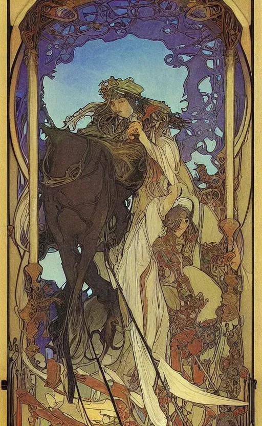 Image similar to the chariot, tarot, beautiful border, by alfons maria mucha, highly detailded