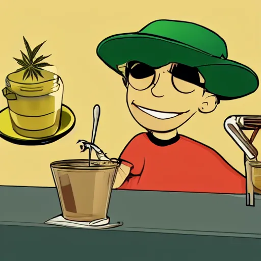 Prompt: close up of barista at customers table : cafe serves cannabis cookie for the first time in australia, isometric illustration fun, render in pixar, by darwyn cooke. meme cartoon