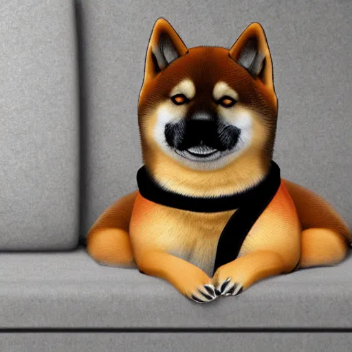 Image similar to a Shiba Inu wearing a green hoodie sitting on a couch, photo realistic, trending on artstation, HDR, nicely detailed, 8k