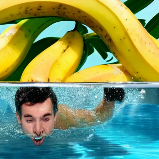 Prompt: a man drowning in a pool full of bananas