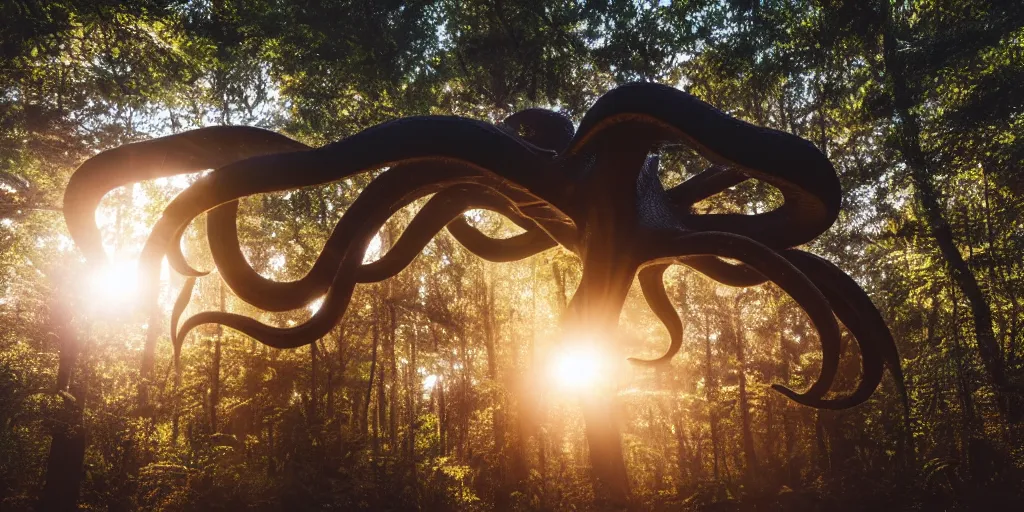 Image similar to a highly detailed giant black octopus god in the middle of a forest, beautiful ambient light, sun rays hitting the slightly transparent creature, golden hour, 8k photography