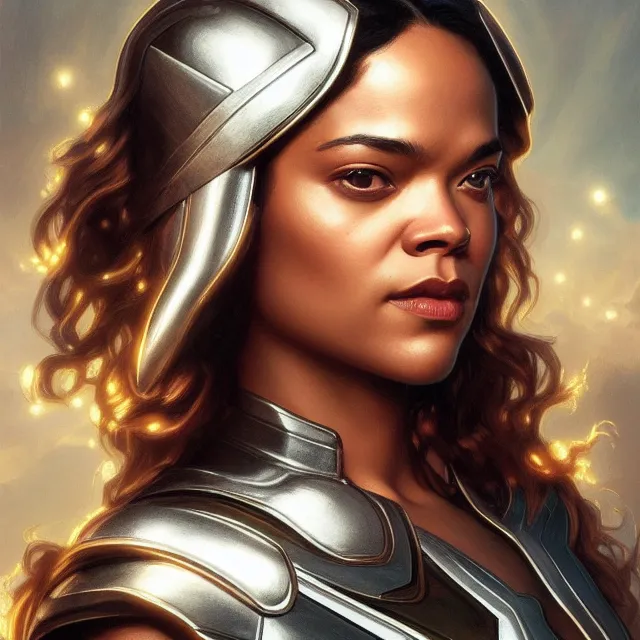 Image similar to close up portrait of tessa thompson as thor wearing shiny silver armor, glowing hair, glowing light armor, subsurface scattering, ethereal, artistic, temple background with light rays, fantasy atmosphere. art by artgerm, greg rutkowski and alphonse mucha, 3 d artstation octane render,