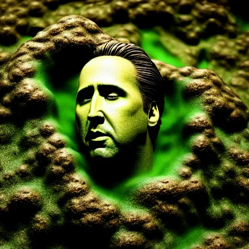 Prompt: Nicolas Cage underwater mossy statue, dark, kelp and moss all over, bottom of ocean, deep ocean, bottom of ocean, dark, 35mm, fish, underwater landscape, 4k, detailed, photorealistic, photo, unreal engine 5, Atlantis, underwater camera