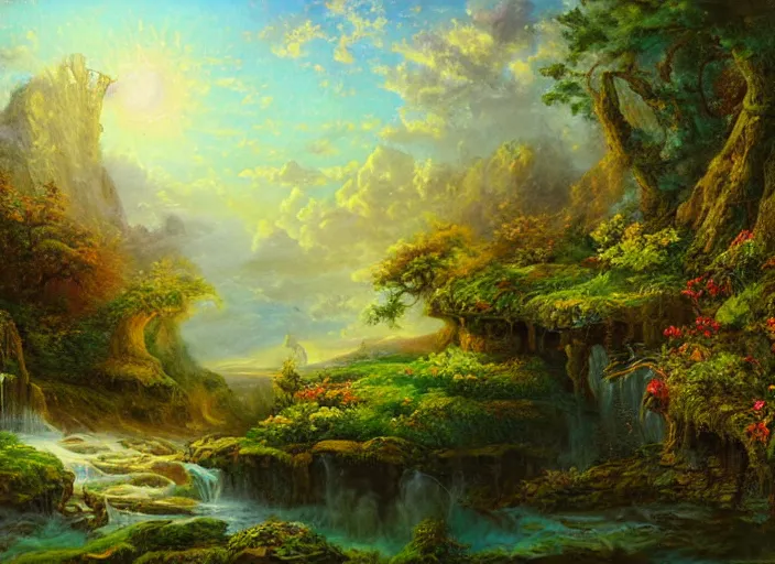 Image similar to An ancient enchanted dreamscape, a memory of a forgotten land, landscape, oil painting, majestic, detailed, high resolution