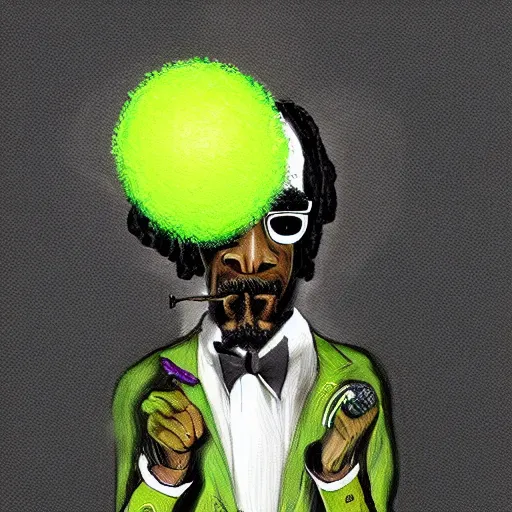 Image similar to snoop dogg tennis ball monster ,tennis ball, digital art, smoke, fantasy,chalk, magic, trending on artstation, ultra detailed, professional illustration by Basil Gogos