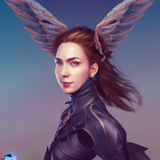 Image similar to 3 / 4 view of a portrait of a woman with wings with wings, confident pose, genshin impact, digital art,, concept art, smooth, sharp focus, illustration, trending on artstation, highly detailed, concept art, trevor carlton, trending on artstation, artgerm, anime imax 7 0 mm, h 6 4 0