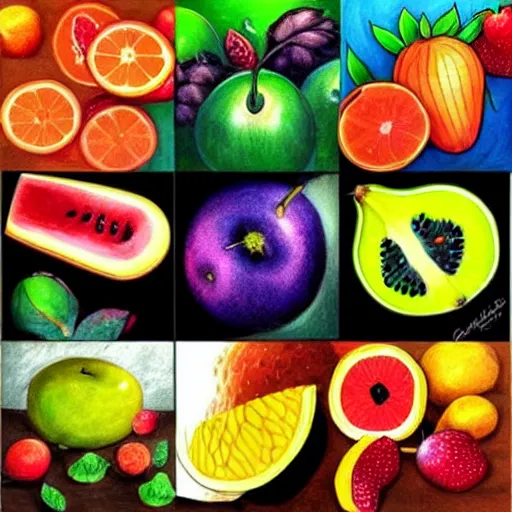 Prompt: Fantasy style fruits, fantastic colors, concept art design drawings