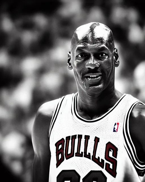 Prompt: photograph of michael jordan in a chicago bulls uniform, in the styles of cameron look, andrew bernstein, and ansel adams. monochrome hdr, intense face, accurate facial details