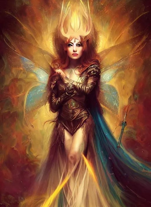 Prompt: tarot!!, fairy queen, fantasy medieval, no noise, elegant, concept art, sharp focus, beautiful face!!, digital art, smooth defined outlines!!, by Brom, Guangjian Huang, trending on Artstation, Tom Bagshaw, Sargent