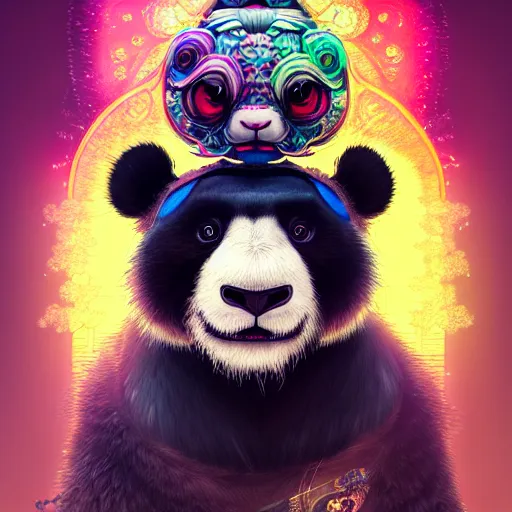 Image similar to a beautiful hyperdetailed character design 4 k wallpaper illustration of a cute panda with a chinese lion dance head victo ngai cyberpunk style, from china, style of studio ghibli, makoto shinkai, raphael lacoste, louis comfort tiffany, artgerm, james jean, ross tran, chinese style