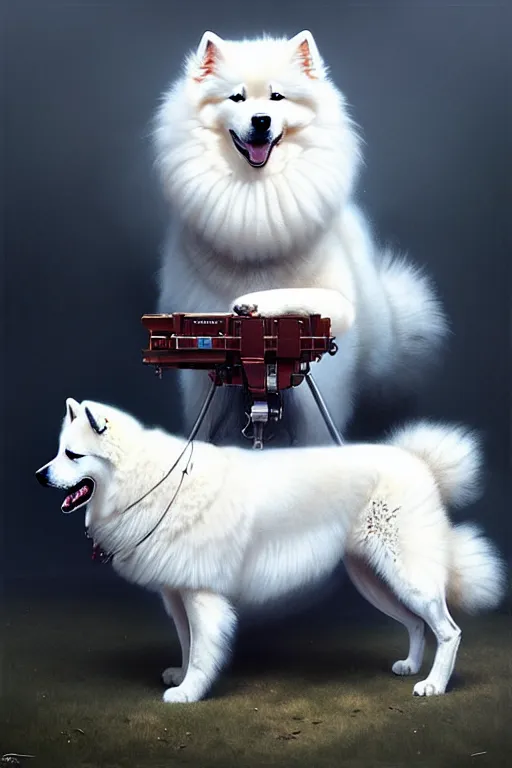 Prompt: pet samoyed with equipment, portrait by anna podedworna and greg rutkowski