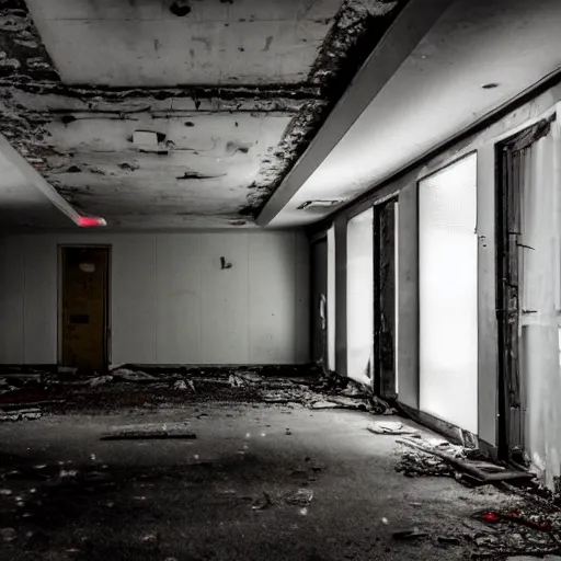 Prompt: abandonded hispital room, eerie vibes, sinister harsh lighting, dslr