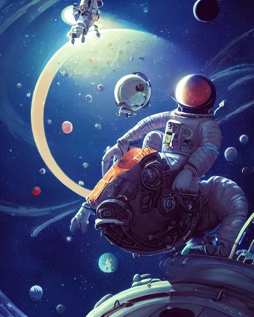 Image similar to wide shoot portrait of ethereal intricate cosmonaut lie relaxed on a crescent moon between the stars and the planets in outer space, cosmonaut post grunge concept art,high detail,4k, trending on artstation by Yoshitaka Amano, josan gonzalez and tyler edlin