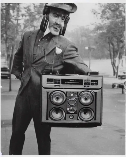 Image similar to a vintage photo of a man with a boombox instead of a head