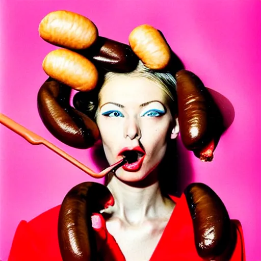 Image similar to a portrait of a beautiful fashion model that is curling her hair using hot dogs. surreal photograph, toiletpaper magazine, 3 5 mm photograph, colourful, by pierpaolo ferrari, maurizio cattelan