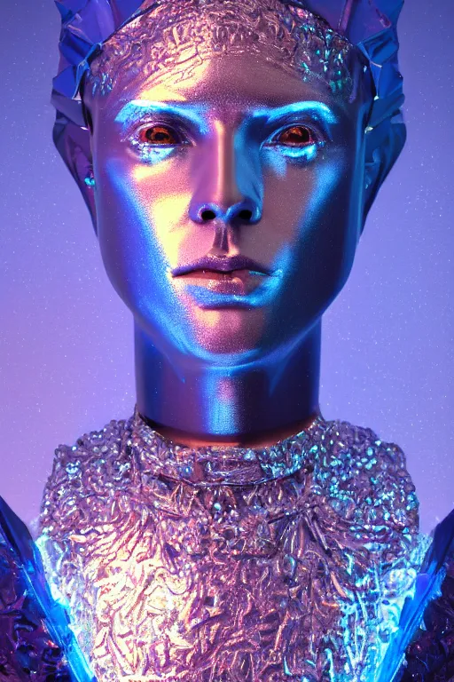 Image similar to hyper detailed ultra sharp portrait of baroque and bladerunner delicate neon diamond sculpture of seductive albino christian santamaria, sarcophagus blue iridescent humanoid deity wearing metallic hoody made out of hands holding the sun prismatic dungeon, glowing blue face, crown of white diamonds, cinematic lighting, photorealistic, octane render 8 k depth of field 3 d