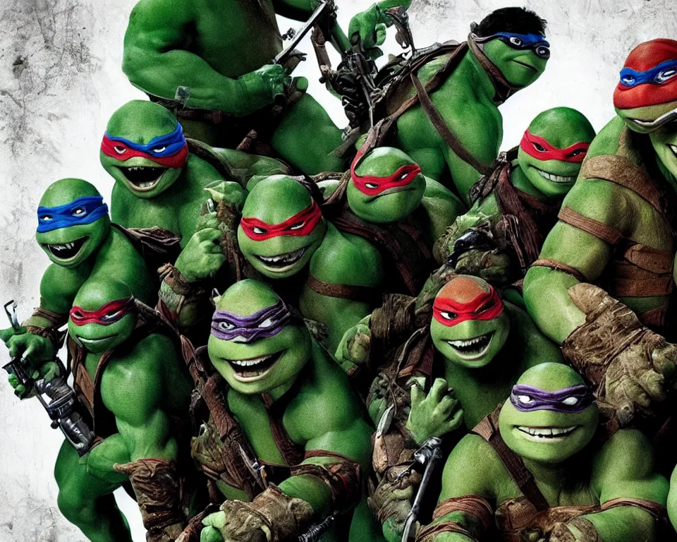 Image similar to a horror movie poster featuring teenage mutant ninja turtles