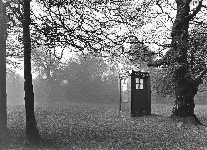 Prompt: photo of a metropolitan police box partially obscured by trees in rural london, police box, 1936, sepia