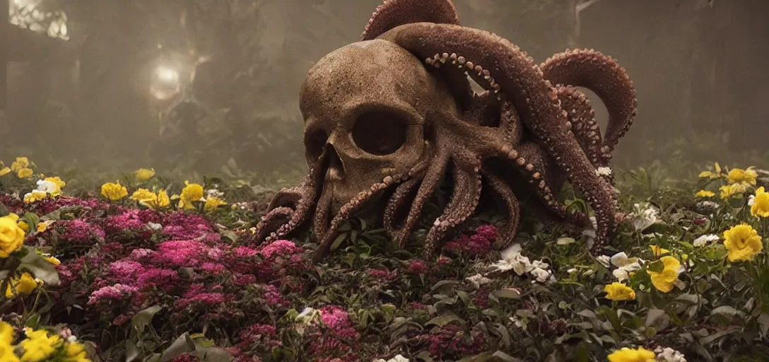 Prompt: an octopus in the shape of a skull surrounded by flowers at midnight, foggy, high exposure, cinematic shot, photo still from movie by denis villeneuve, wayne barlowe