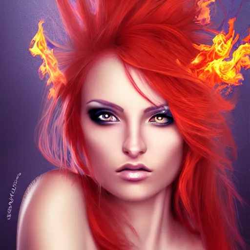 Image similar to a beautiful portrait of a gorgeous female pyromancer with flaming hair, digital art, photorealistic, intricate detail