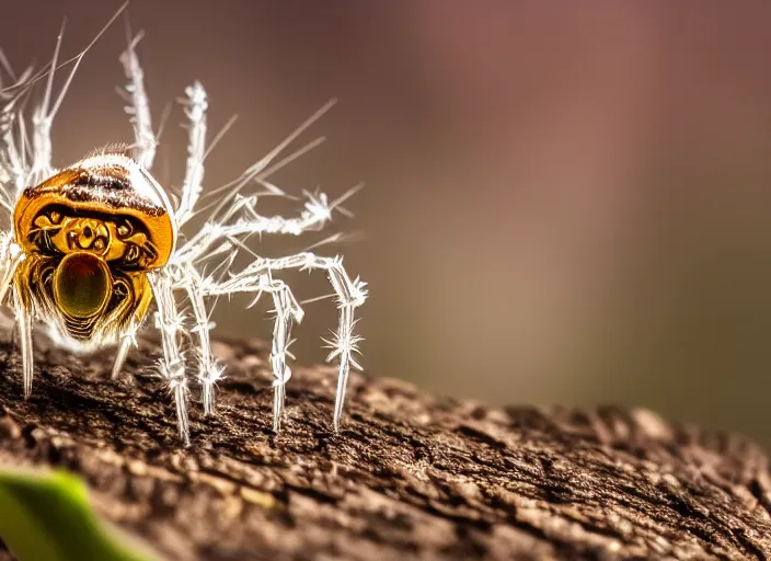 Image similar to super macro of a clear crystal spider with big eyes sitting on a flower, in the forest. fantasy magic style. highly detailed 8 k. intricate. nikon d 8 5 0 3 0 0 mm. award winning photography.