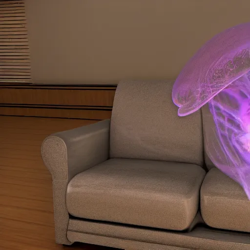 Image similar to a whole bunch of jellyfish smeared on the sofa in the living room, realistic, hdr, clear image, hdd, dynamic lighting, rtx on,