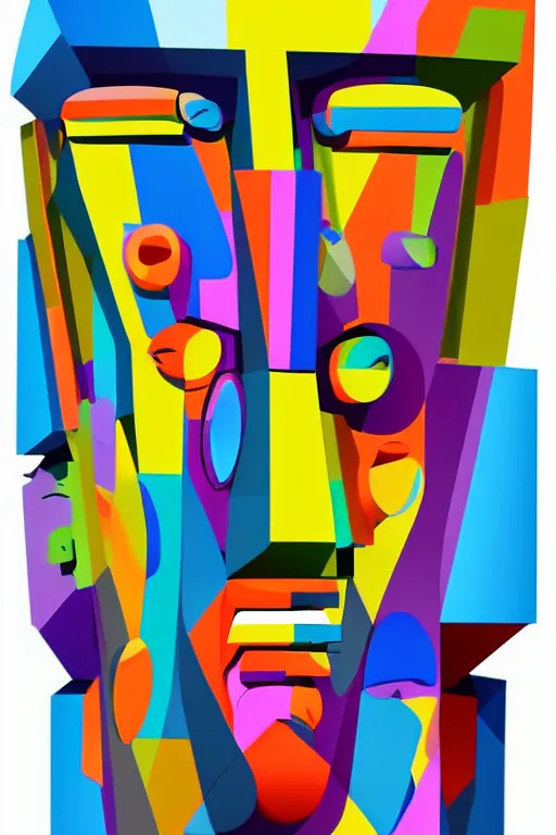 Image similar to cubist moai statue cutout digital illustration cartoon colorful beeple