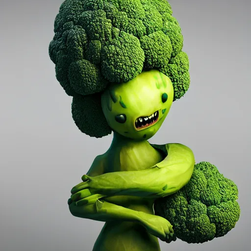 Prompt: [ anthropomorphic broccoli ]!! has an elizabeth olsen face, trending on zbrush, unreal engine 5, cgsociety contest winner, intricate, detailed, 4 k quality, concept art