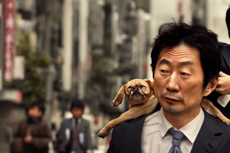 Image similar to cinematography closeup portrait of a Japanese business man carrying his dog running from an explosion in Tokyo by Emmanuel Lubezki