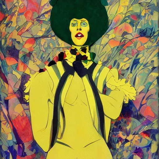 Image similar to art by joshua middleton, the yellow creeper, a tall manically smiling yellow - skinned man with green and black striped cycling shorts and wearing a long red feather boa, yellow makeup, mucha, kandinsky, poster, comic art, stylised design