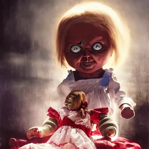 Image similar to the doll annabelle hitting the doll chucky in the face, epic mma fight, dramatic poses, cinematic, disneyland as backdrop, oil painting, by greg rutkowski