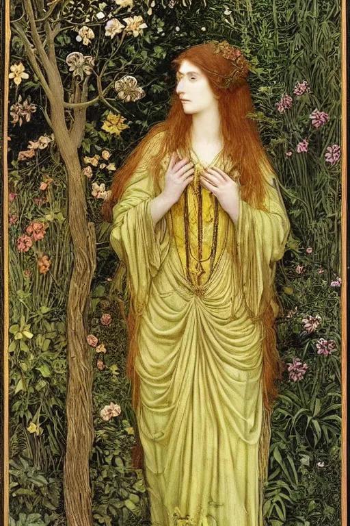 Prompt: beautiful priestess of the forest in a garden | pre-Raphaelites | green and gold silk brocade| floral embroidery |dramatic lighting | Evelyn De Morgan and John Waterhouse |