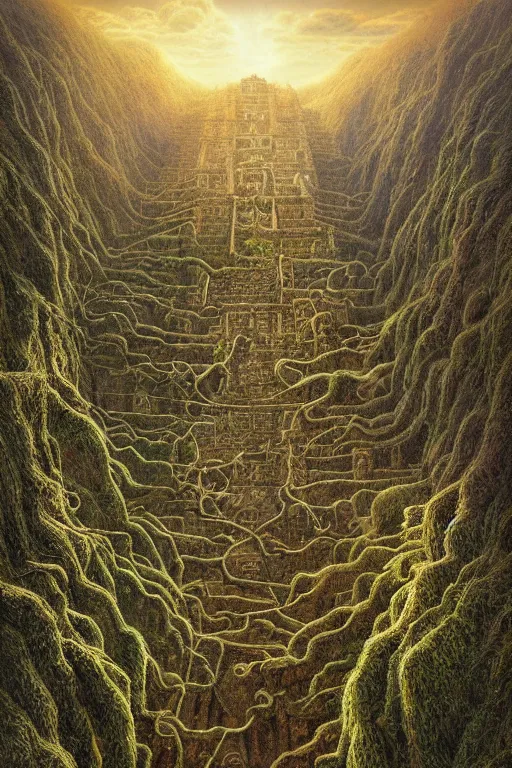 Image similar to intricate stunning highly detailed illustration of the inca lost city of gold, 🌱, by agostino arrivabene and vladimir kush, surreal, digital painting, ultra realistic, dramatic lighting, twisted vines, lush plants, pristine water, artstation