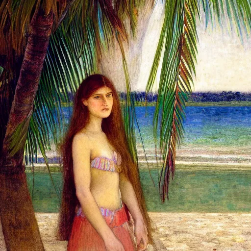 Image similar to a ultradetailed beautiful painting of a girl in the amazonas palace designed by jules bastien - lepage, hans belmer, frank weston and gustave baumann, beach, trending on artstation, mediterranean, palm trees, light sparkles, sharp focus, soft light, 8 k 4 k