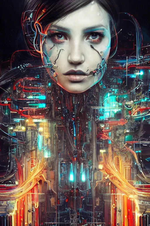 Prompt: portrait of computer & circuits, melting, majestic, 8 k, by tristan eaton, stanley artgermm, tom bagshaw, greg rutkowski, carne griffiths, ayami kojima, beksinski, giger, trending on deviantart, face enhance, hyper detailed, minimalist, cybernetic, android, blade runner, full of colour, super detailed